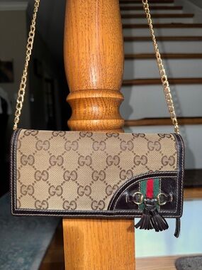 Gucci Beige/Brown GG Canvas Wallet with Gold Chain and Green-Red Web & tassel